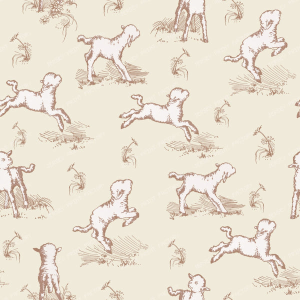 Little Sheep in the Meadow Creamy Cottagecore Toile Pattern for Children
