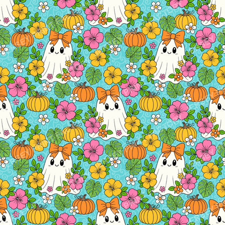 Halloween Girly Ghosts With Tropical Flowers On Blue