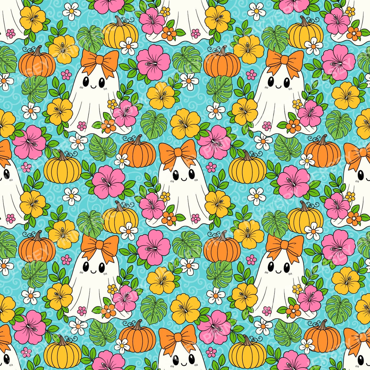 Halloween Girly Ghosts With Tropical Flowers On Blue