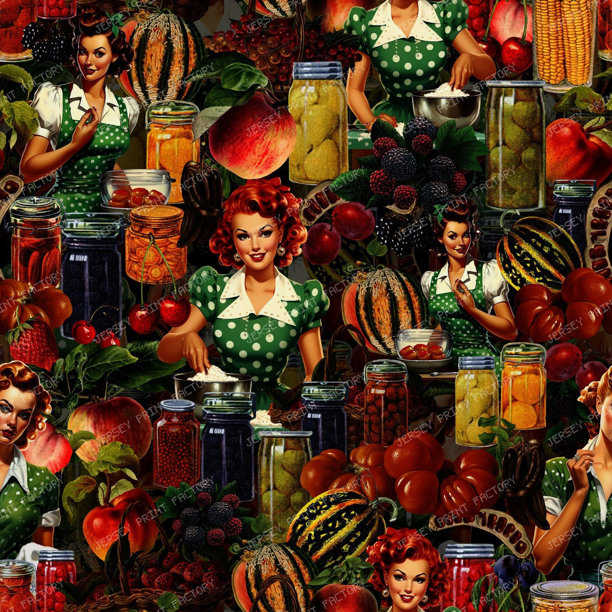 1950s Vintage Pin Up Housewife with Retro Kitchen Canning and Garden Harvest - Green — Black