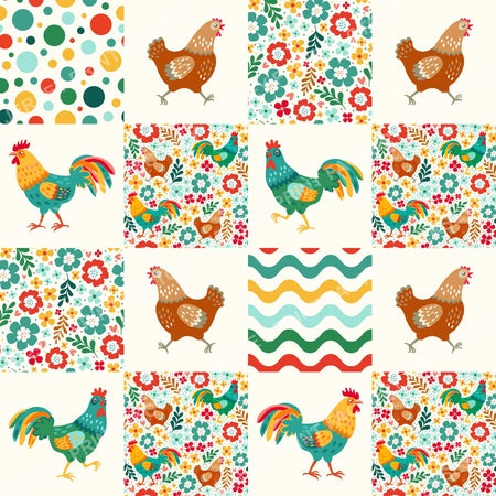 Colorful Chicken Patchwork On Ivory