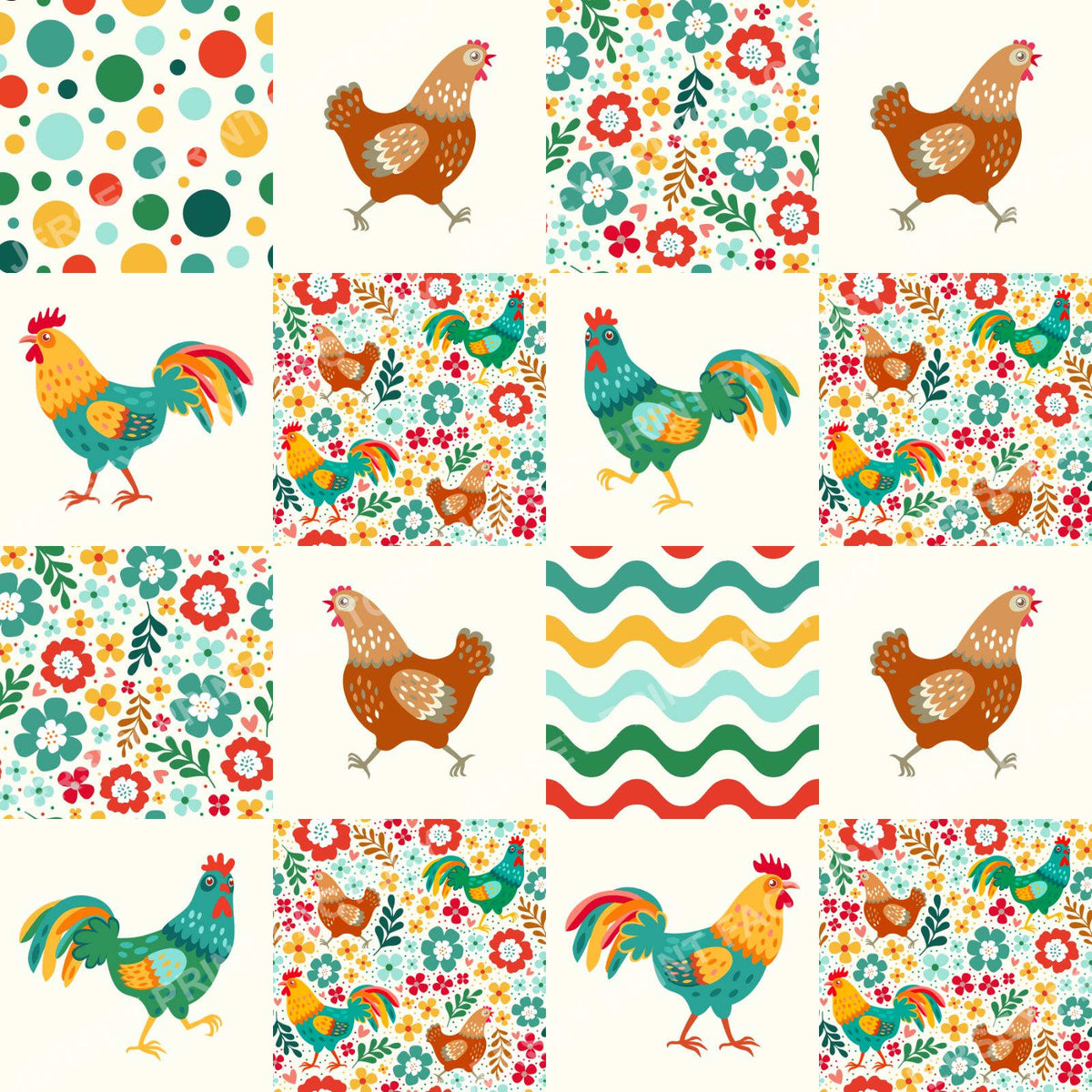 Colorful Chicken Patchwork On Ivory