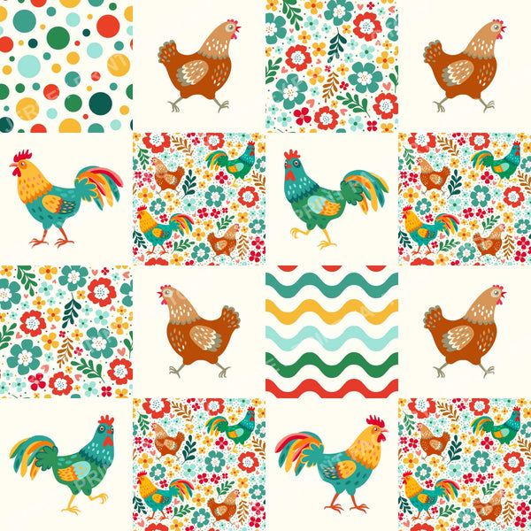 Colorful Chicken Patchwork On Ivory