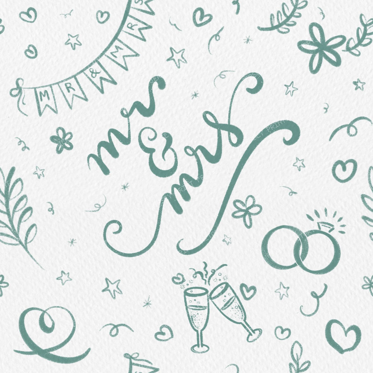 Mr & Mrs Wedding Doodles in Sage Green, engagement, bride, groom, i do
