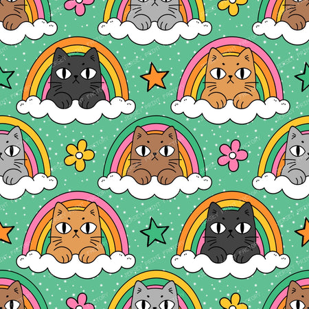 Funny Grumpy Cat  in Rainbow Cloud  on Green