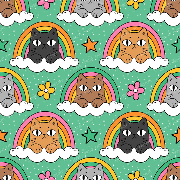 Funny Grumpy Cat  in Rainbow Cloud  on Green