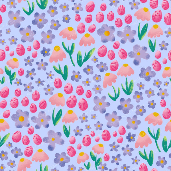 Ditsy Floral and Easter Eggs - Bright on Turquoise — Pastel on Blue