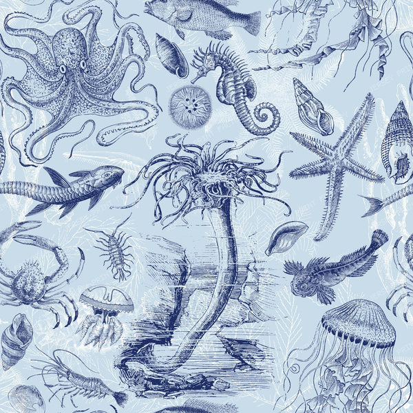 Underwater Sea Life Coastal Cottagecore Toile Pattern