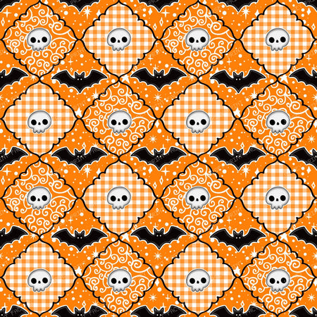 Halloween Patchwork Skulls And Bats In Orange