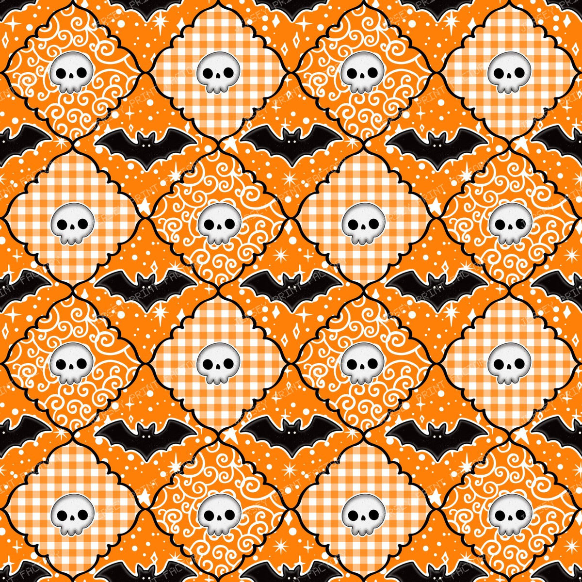 Halloween Patchwork Skulls And Bats In Orange