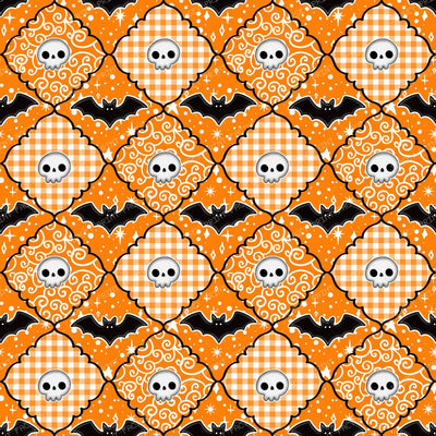 Halloween Patchwork Skulls And Bats In Orange