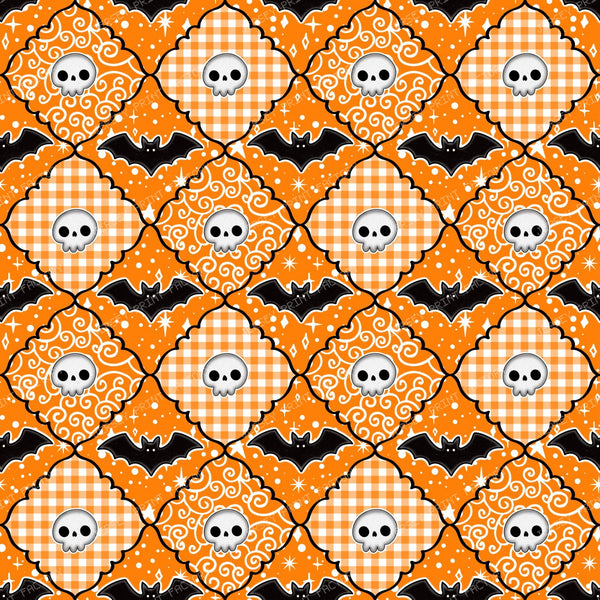 Halloween Patchwork Skulls And Bats In Orange