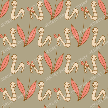 Happy Worm & Leaf Pattern — Sage