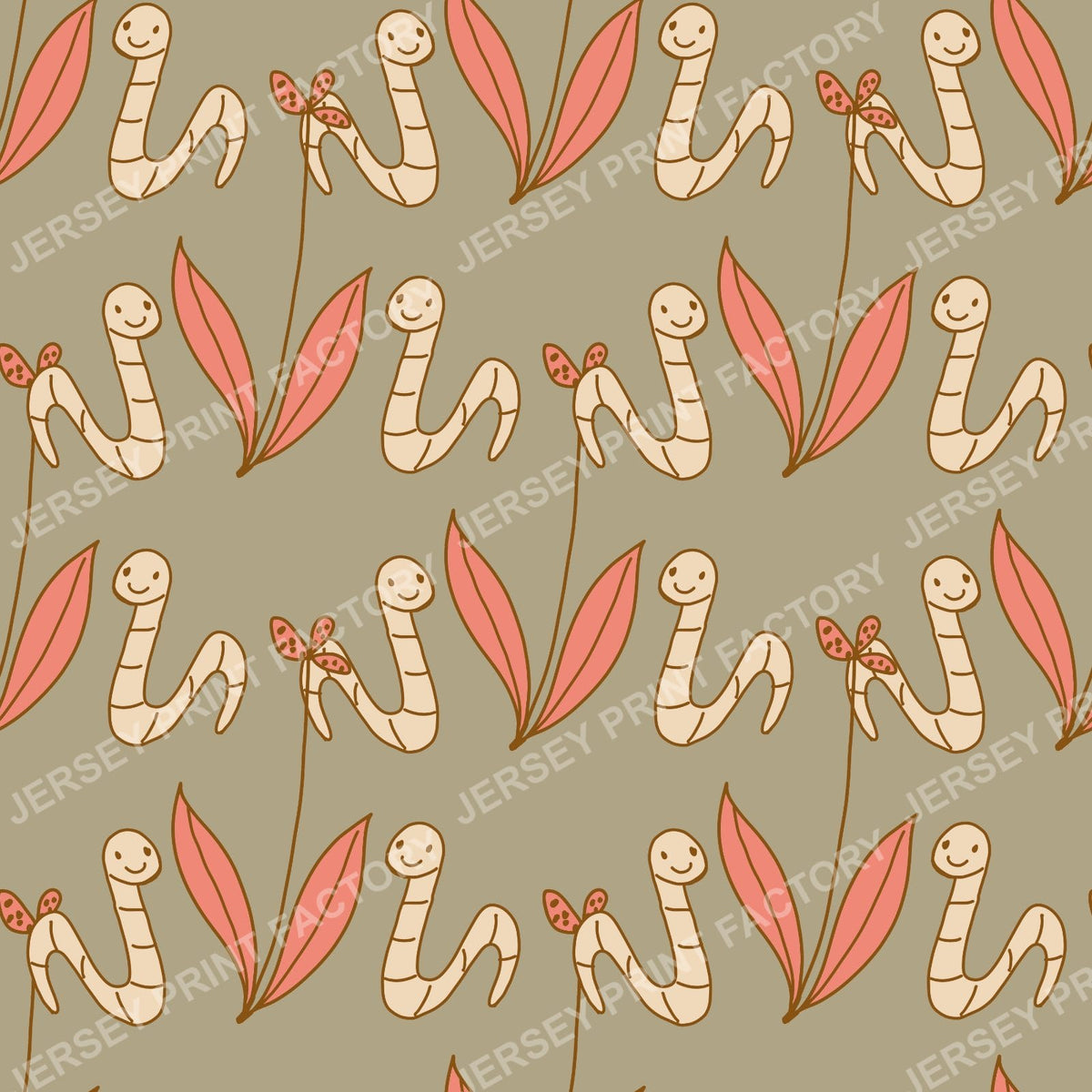Happy Worm & Leaf Pattern — Sage