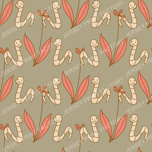 Happy Worm & Leaf Pattern — Sage