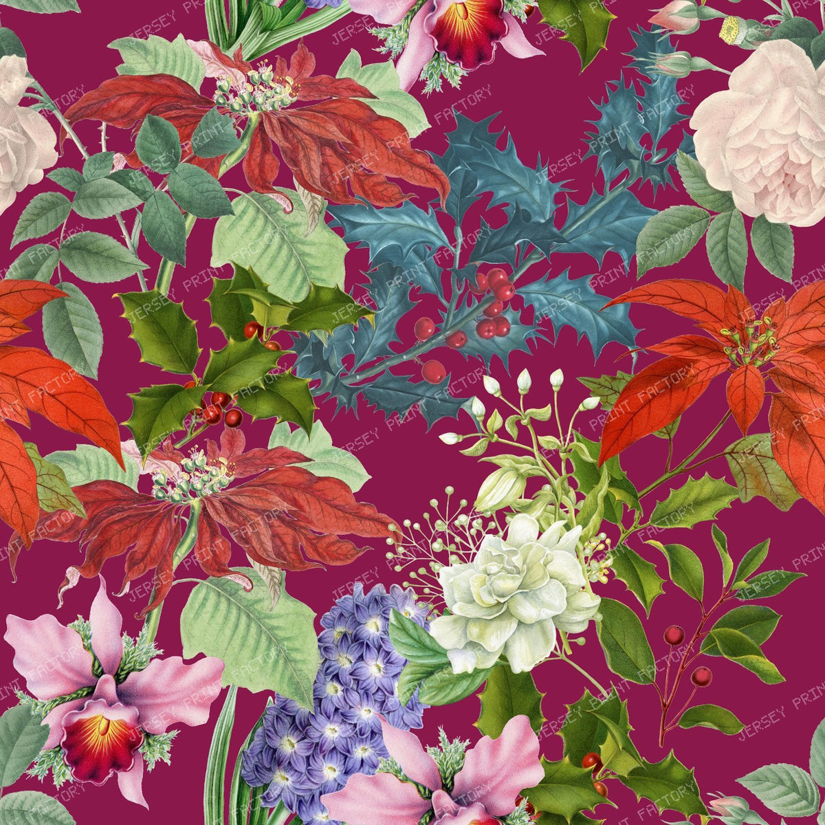 Winter Garden Grandmillennial Floral Botanical  Pattern on Burgundy Background