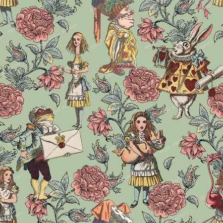 Alice's Wonderland in the Rose Garden Fantasy Fairytale Characters in a Floral Pattern - Green