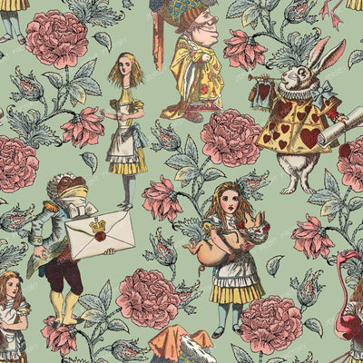 Alice's Wonderland in the Rose Garden Fantasy Fairytale Characters in a Floral Pattern - Green