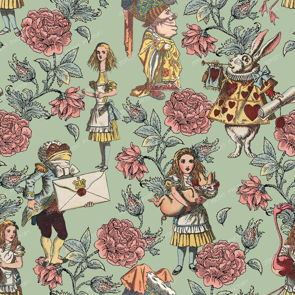 Alice's Wonderland in the Rose Garden Fantasy Fairytale Characters in a Floral Pattern - Green