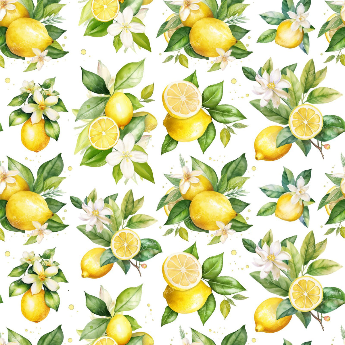 Lemon Pattern, Lemon Flowers, Leaves, Citrus