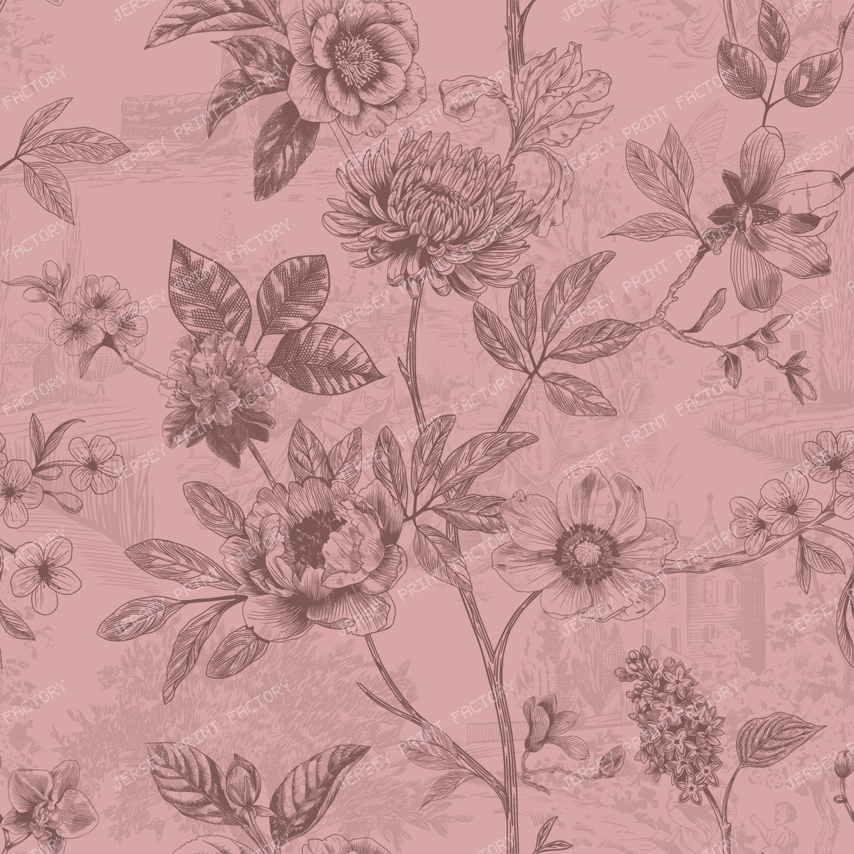 Country Roses Floral Vines Pen and Ink French Provincial - Dusky Rose
