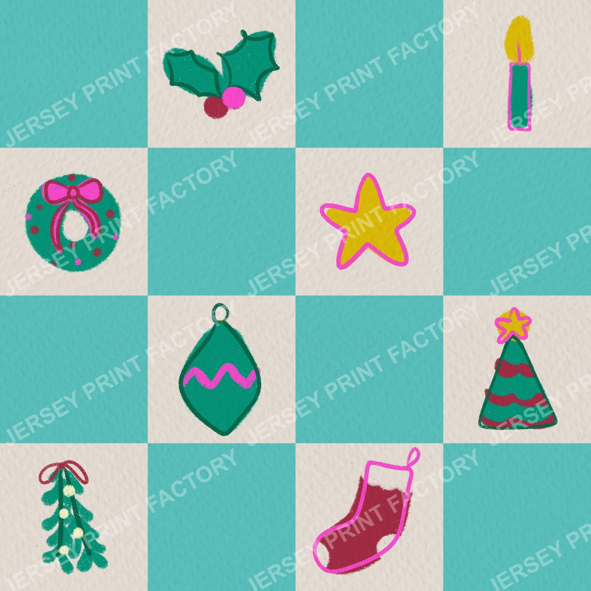 Christmas Checkerboard with Festive Doodles in Turquoise