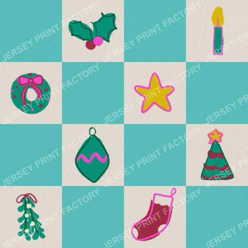 Christmas Checkerboard with Festive Doodles in Turquoise