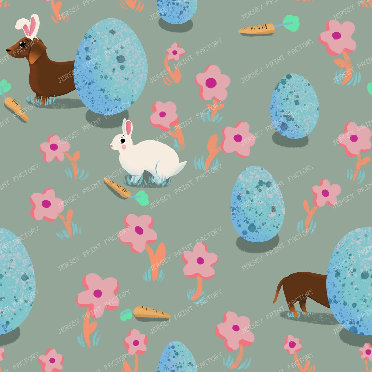 Easter egg hunt, sausage dog and bunny rabbit - purple — Muted sage