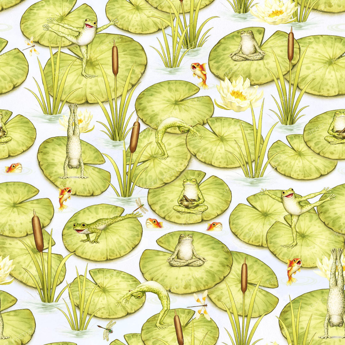 Whimsical Vintage Yoga Frogs on Lily Pads with Water Lilies in a Peaceful Pond - Light Pastel — Greeb
