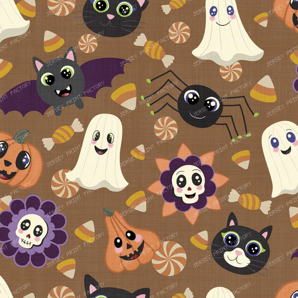 Cute Halloween cats bats ghosts pumpkins brown
