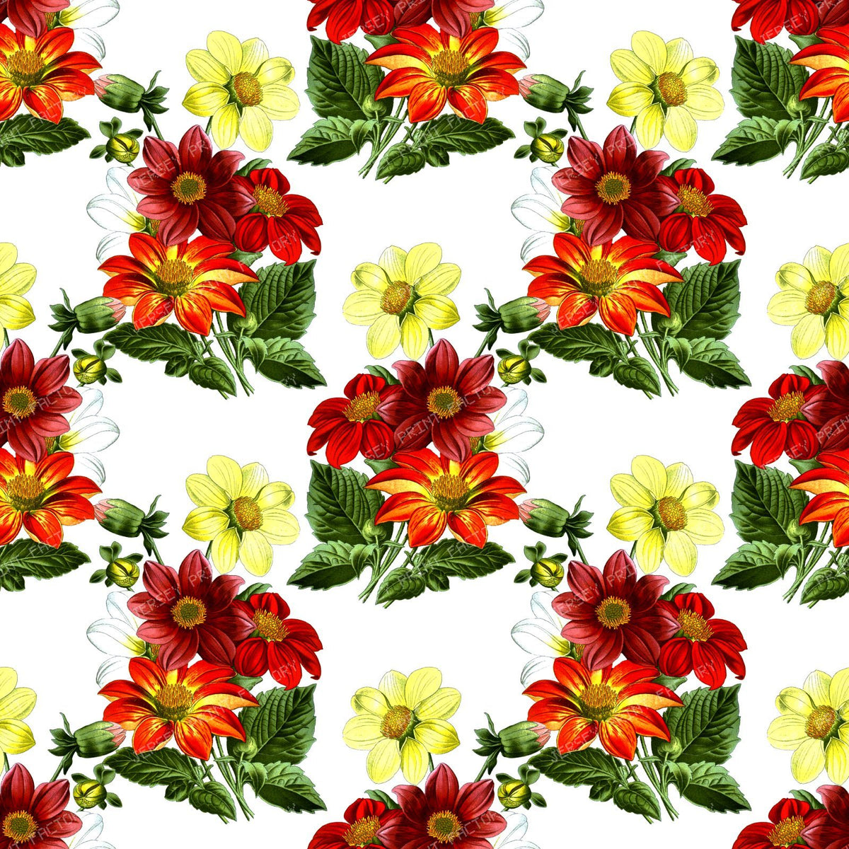 Red Dahlia, Yellow Dahlia, Greenery, Pattern Of Flowers