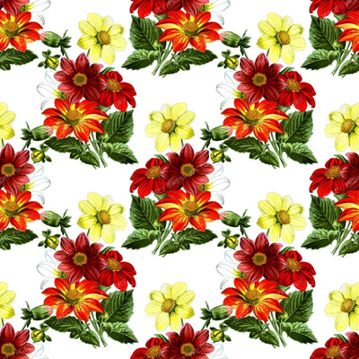 Red Dahlia, Yellow Dahlia, Greenery, Pattern Of Flowers