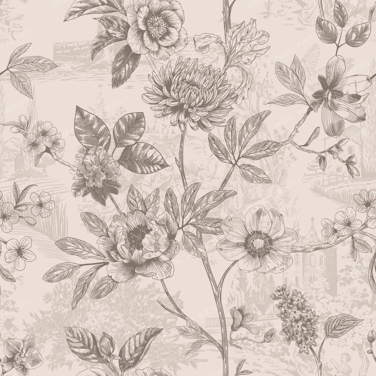 Country Roses Floral Vines Pen and Ink French Provincial - Soft Ivory