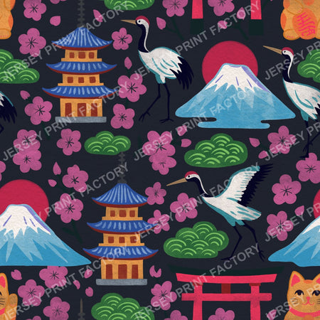 Bright Springtime Japan, Maximalist Hand Drawn on Dark Grey