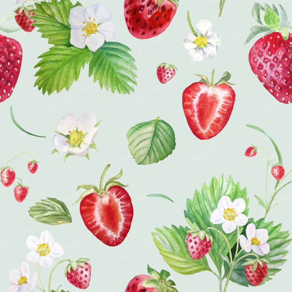 Strawberry Fruits and Flowers Cottagecore Floral Pattern on Mint Green
