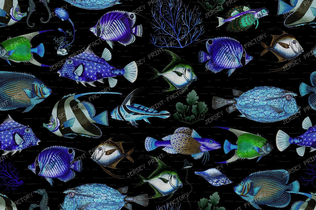 Vintage Tropical Fish with Exotic Marine Creatures and Underwater Sea Life - turquoise — Midnight Blue