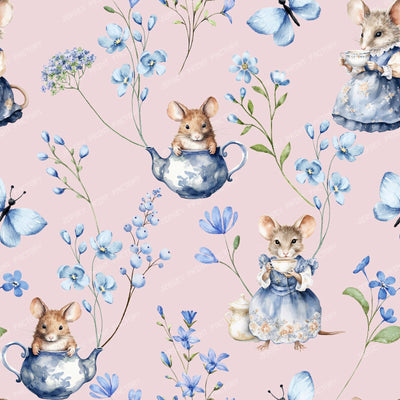 Cute Mice and Blue Flowers Cottagecore Toile Pattern for Children - Pink Background