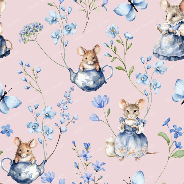 Cute Mice and Blue Flowers Cottagecore Toile Pattern for Children - Pink Background