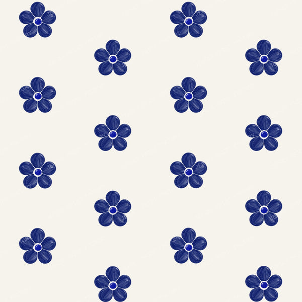 Polish Pottery Simple Ivory Daisy Flowers On Dark Cobalt Blue — Large Stoneware
