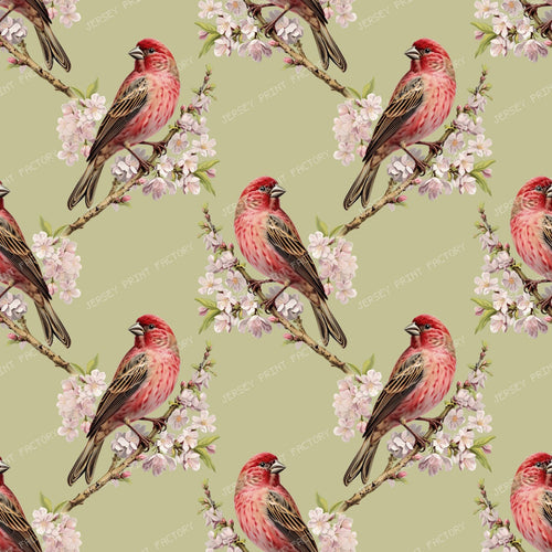 Pattern Of Birds, Red Birds, Summer Tanager, Cherry Blossom — Green