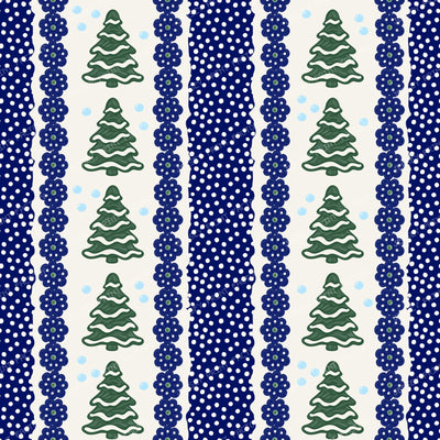 Snowy Pine Trees Folk Art Winter Snowflake Stripes In Green And Navy