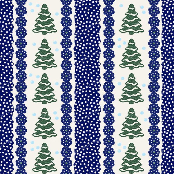 Snowy Pine Trees Folk Art Winter Snowflake Stripes In Green And Navy