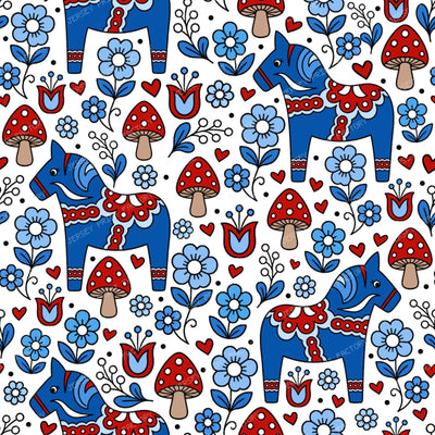 Dala Horse Swedish Scandinavian Floral Blue Red