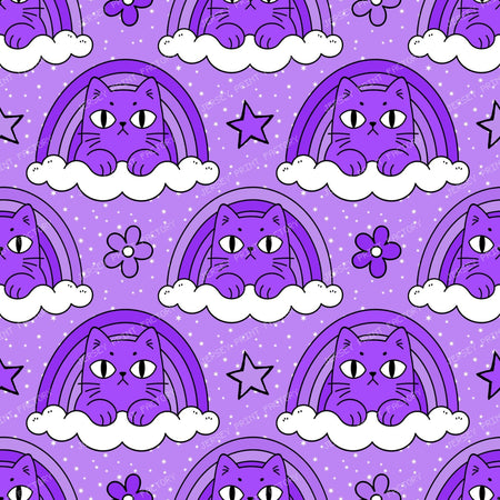 Funny Purple Grumpy Cat  in Rainbow Cloud