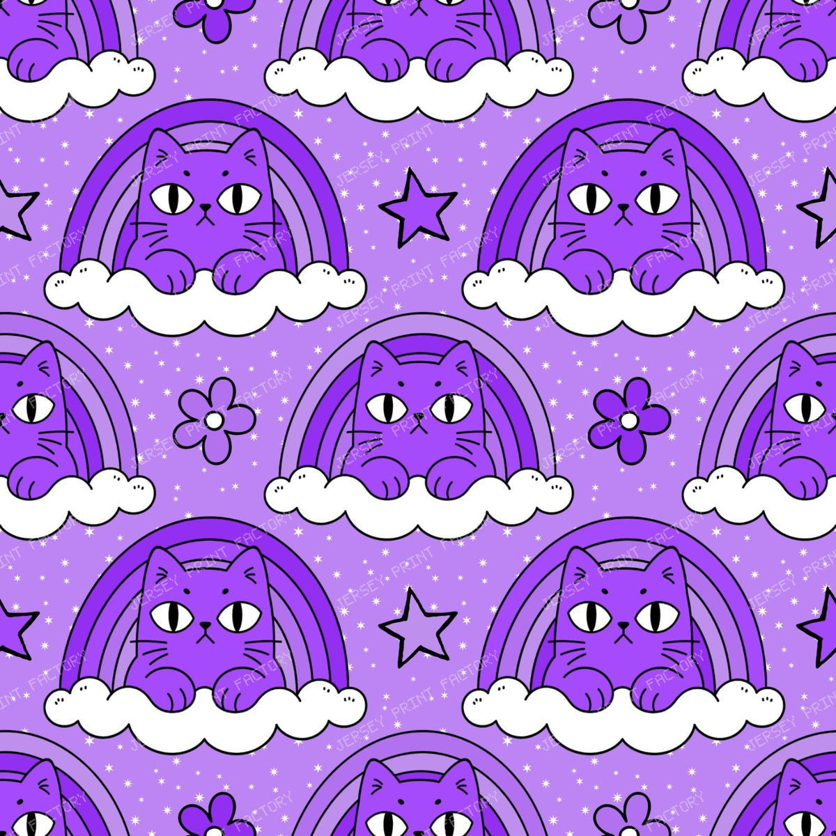 Funny Purple Grumpy Cat  in Rainbow Cloud