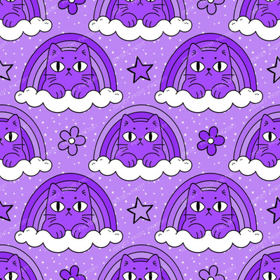 Funny Purple Grumpy Cat  in Rainbow Cloud