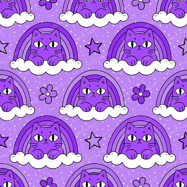 Funny Purple Grumpy Cat  in Rainbow Cloud