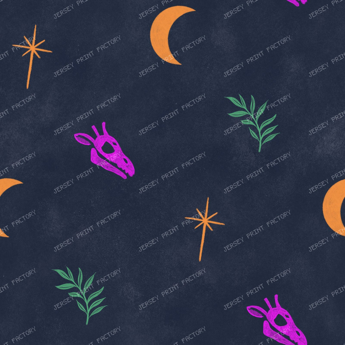 Giraffe Skull Blender Minimal Celestial Fossil Pattern on Black Background — Orange Green Pink on Navy