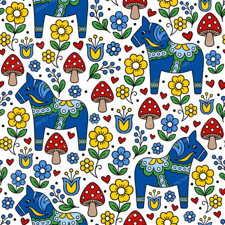Blue Dala Horse Swedish Scandinavian Floral
