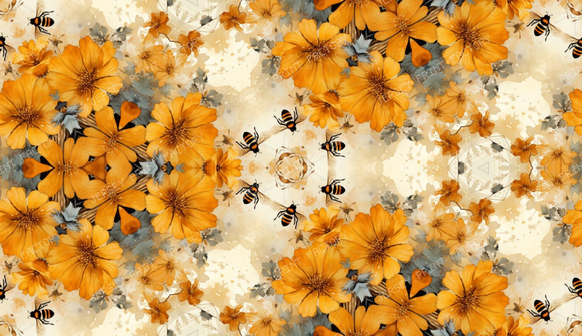 Abstract Rocky Mountain Wildflower and Bee Watercolor Fabric Printing